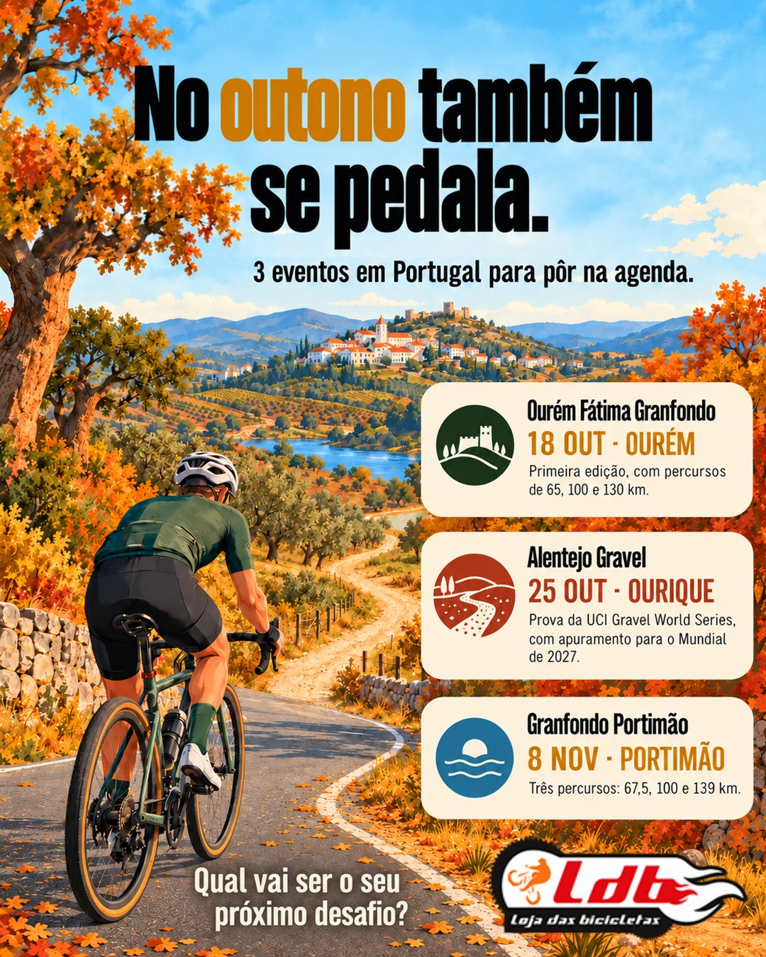 No outono também se pedala: agenda ilustrada de Ourém Fátima Granfondo, Alentejo Gravel e Granfondo Portimão