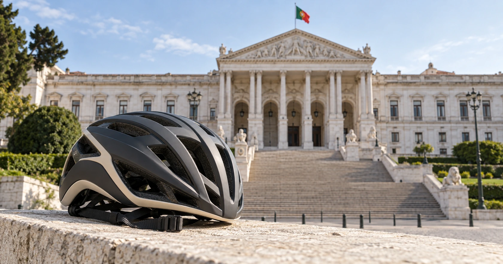 Composição editorial de um capacete de ciclismo com a Assembleia da República ao fundo